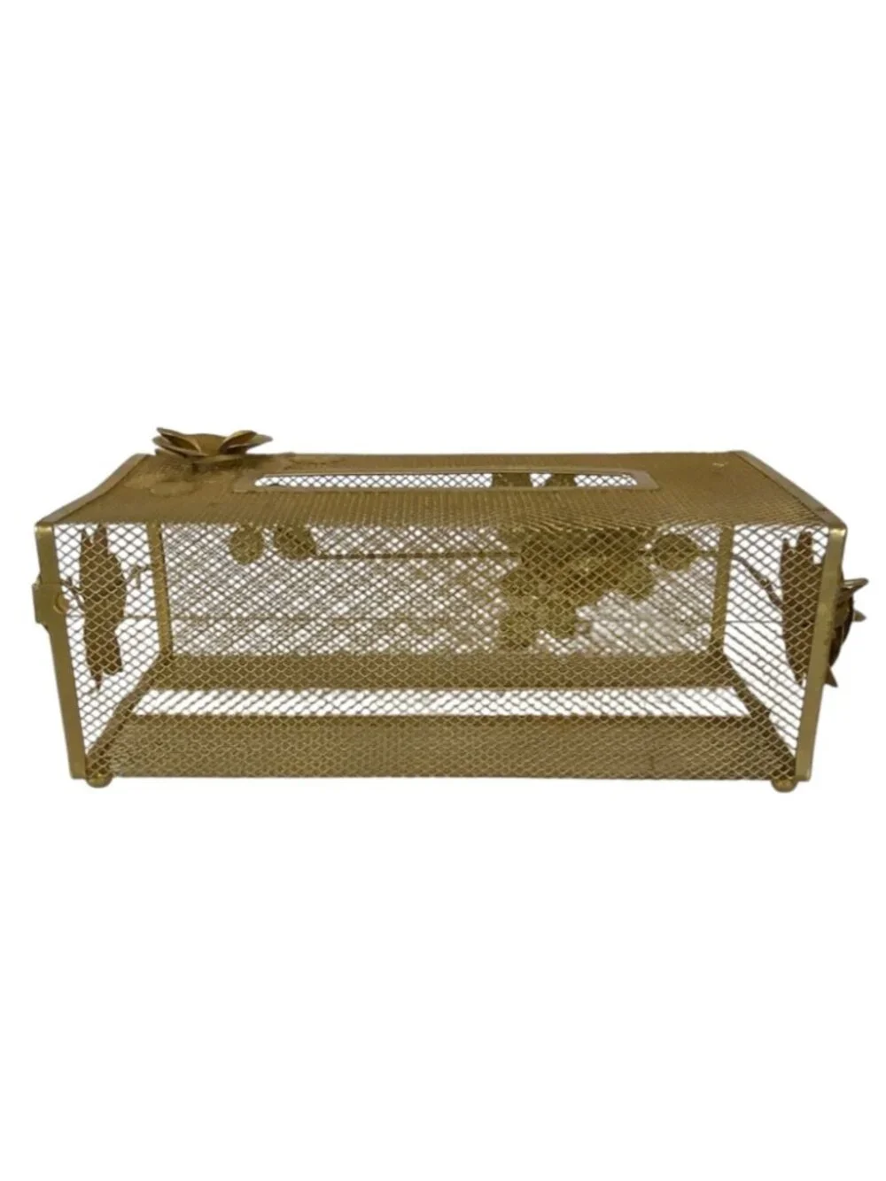 Vintage Decorative Gold Gilt Metal Mesh Tissue Box Holder Floral Rose Accents